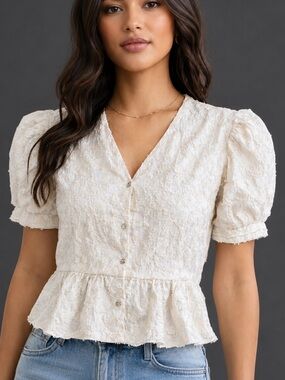 Textured Ivory Puff-Sleeve Peplum Button-Front Top